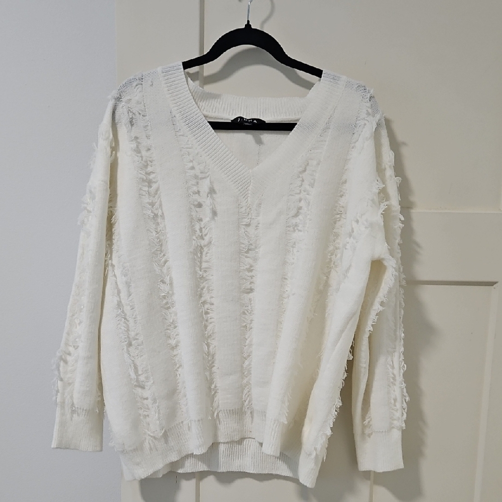 White V-Neck Fringed Sweater NWOT